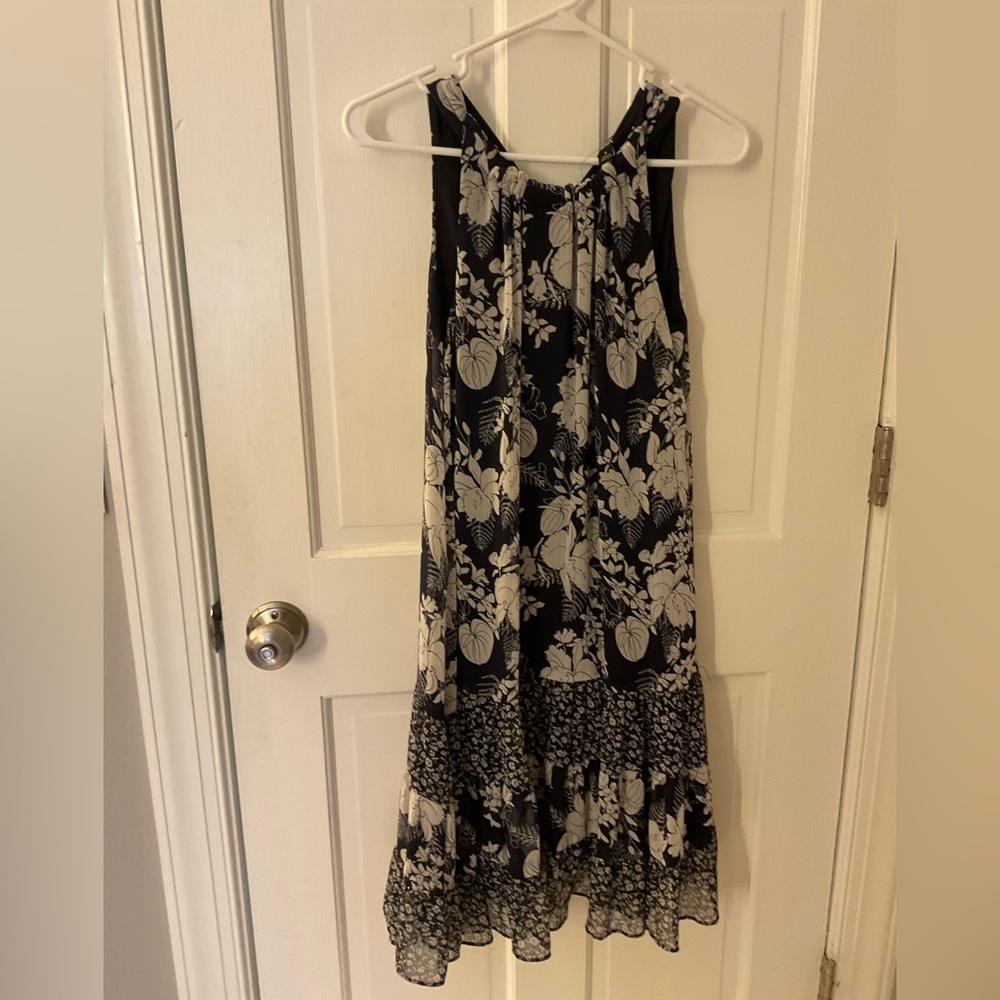 MSK Navy Blue & White Floral Sleeveless Border Print Knee Length Dress Size 8